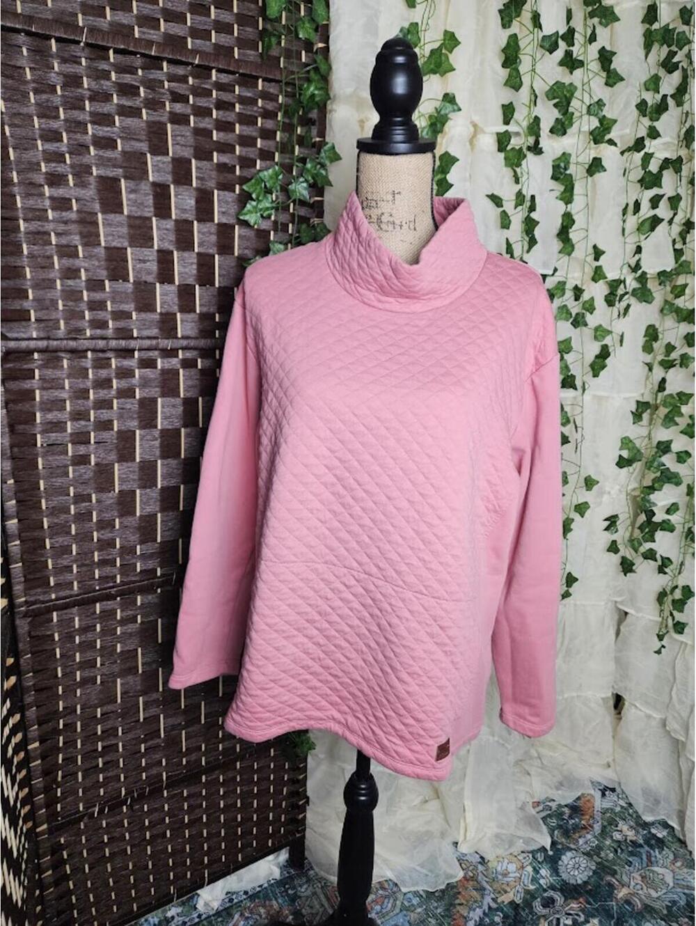 L.L. Bean Quilted Pink Pullover Sweater | Cozy Cottagecore Cowl Neck Sweatshirt